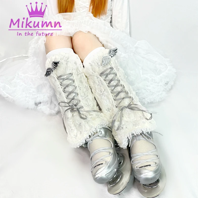 

Harajuku Christmas Angel Wings Lace-UP Lace Snowflake Furry Leg Warmers Socks Women Winter Warm Chic Leg Cover