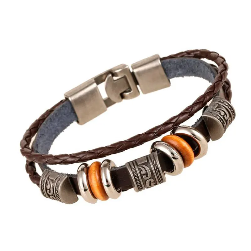 Mens Leather Bracelet Bangles For Men Cowhide Braided Alloy Beads Multi Layer Wrap Charm Cuff Bracelets man pulseras para hombre