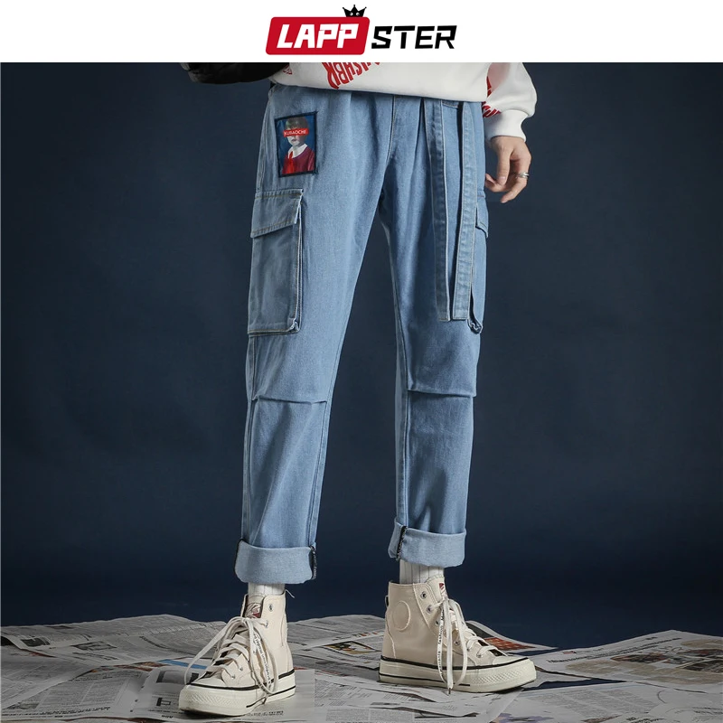 LAPPSTER корейские модные уличные джинсы брюки ленты Harajuku мешковатые джинсы пара высокого качества карманы джинсовые синие брюки