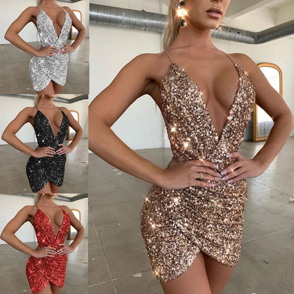 

2021 fashion trend sexy deep V Sequin suspender dress women dresses evening party