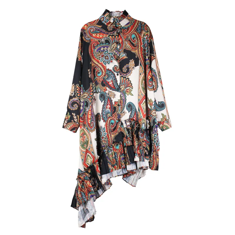 

Large Size Print Shirt Women's 2021 Spring Chiffon Shirt Stand Collar Long Sleeve Loose Blouse Tops Ruffles A-line Shirts 4XL