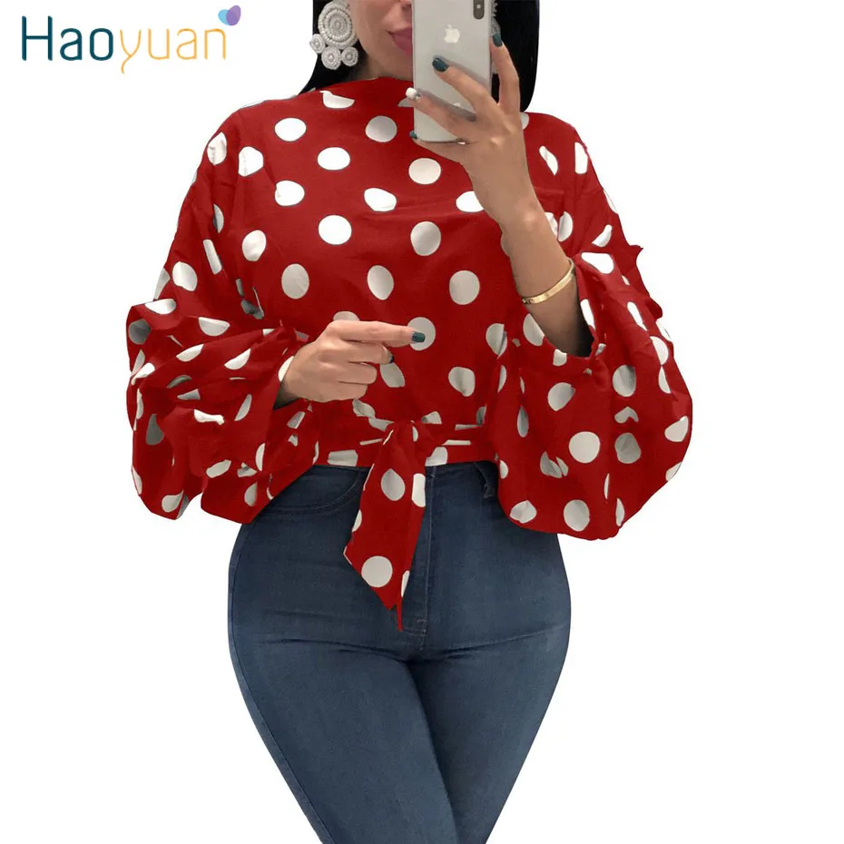 HAOYUAN, Женские топы и блузки в горошек, туника размера плюс, одежда с бантом, длинные рукава, сексуальные рубашки, Осенние повседневные блузки, женские топы