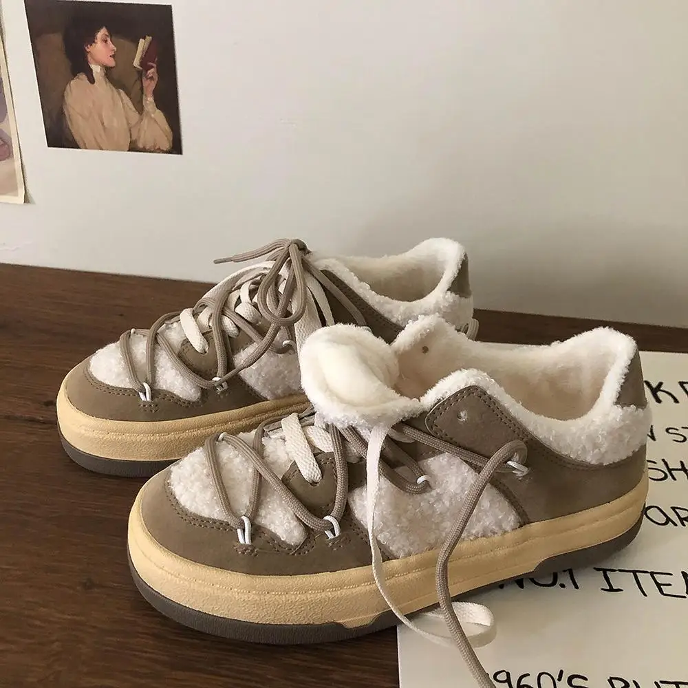 

Дизайнерские женские кроссовки из овечьей шерсти, Лоскутная обувь, дышащие кроссовки на толстом каблуке, Повседневные высокие беговые крос...