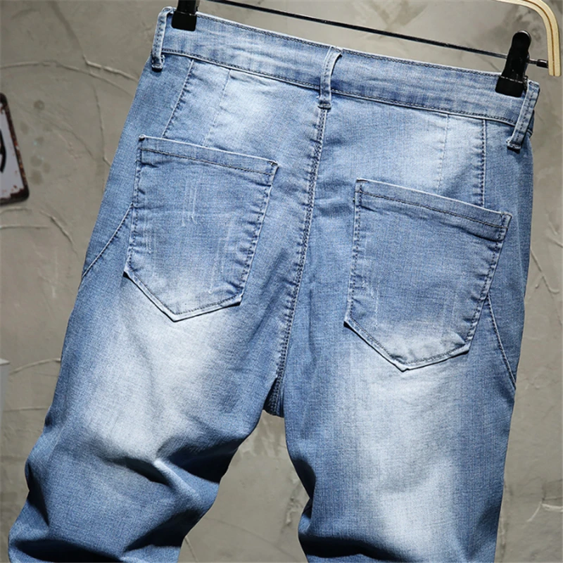 Drawstring waist Stretch blue Washed Denim Shorts Men Summer New Fashion Casual Mid Waist Cargo Jeans | Мужская одежда