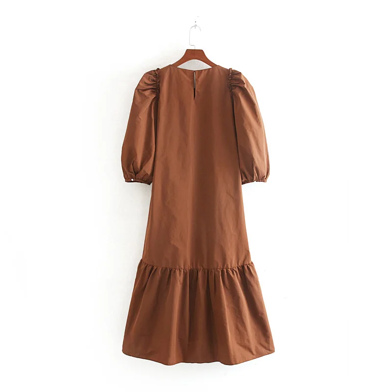 Женское летнее платье VOGUEIN с 3/4 рукавом и округлым вырезом горловины, коричневый цвет, длина миди, оптовая продажа.