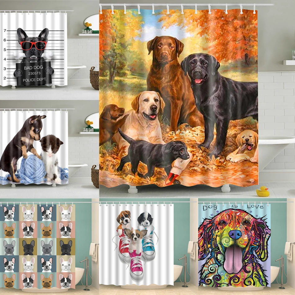 

Shower Curtain with Hooks Printed Pet Dog Bulldog Cartoon Shower Bath Curtains Polyester Waterproof Decorative for Bathroom