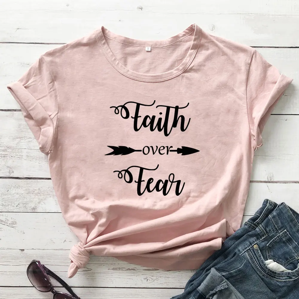 

Faith Over Fear Arrow Printed Christian T-shirt Women Religious Church Tees Tops Casual Unisex Short Sleeve Jesus Bible Tshirt
