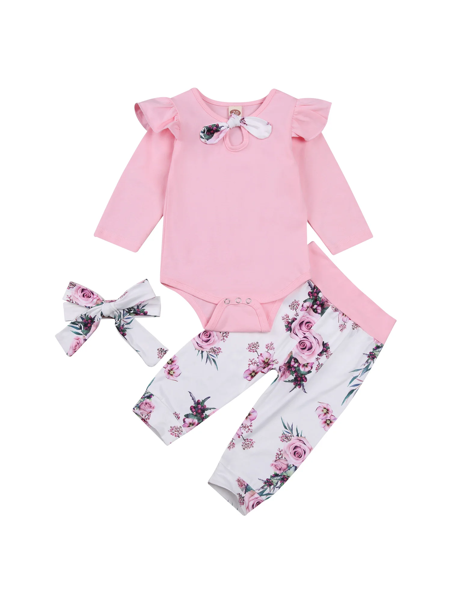 

0-24T Baby Girl Top, Floral Pants Suit, Round Neck Long Ruffle Sleeve Romper, Comfortable Warm Loose Jogger Trousers, Headband