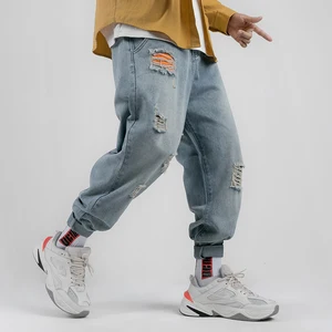 2019 мужские отверстия эластичная манжета мешковатые Homme мыть джинсы классический стиль накладной карман синий цвет повседневные брюки байкерские джинсовые брюки M-2XL