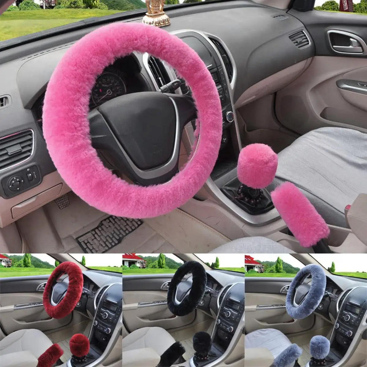 

3Pcs Soft Plush Spring Steering Wheel Cover Gear Shift Collars Hand Brake Wool Cover Kit Winter Warm Auto Car Interior Accessory