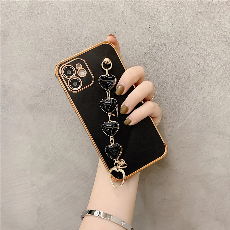 

Love Heart Wrist Strap Plating Phone Case For iPhone 11 12 Pro Max XS Max X XR 7 8 Plus 12 Mini SE 2020 Shockproof Back Cover