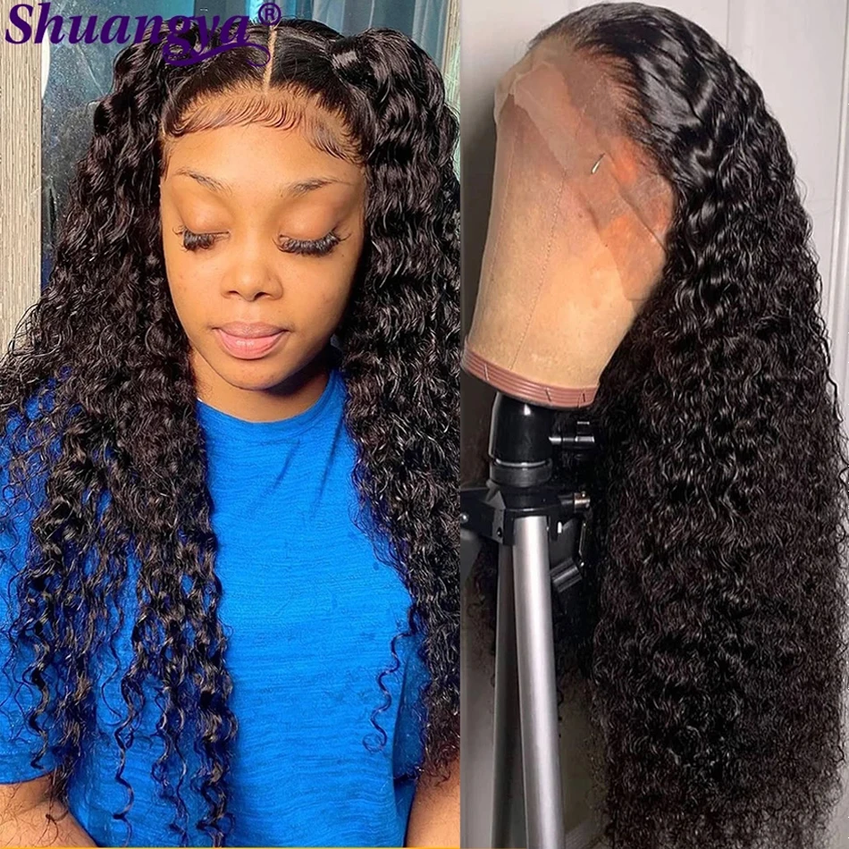 Deep Wave Lace Closure Wig 4x4 Human Hair Lace Wigs For Women Indian Remy Human Hair Deep Curly T Part Transparent Lace Wigs