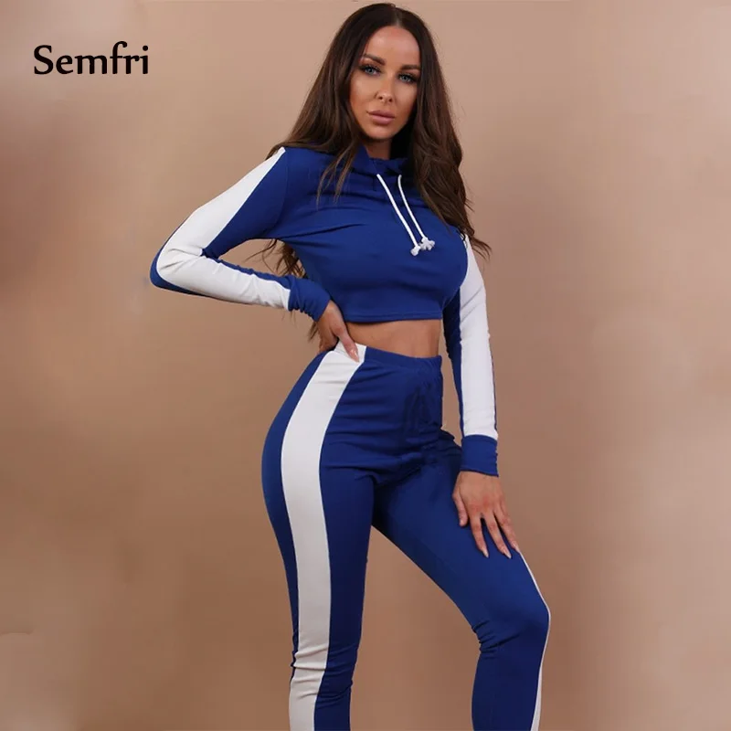 blue Женский спортивный костюм Semfri из 2 предметов, толстовка с капюшоном, укороченный топ, толстовки с капюшоном+ штаны в полоску по бокам, осенне-зимняя одежда, костюмы для активного отдыха - Цвет: blue