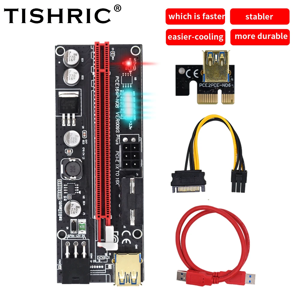 

50pcs TISHRIC LED PCI-E Riser 009S Plus GPU PCIE card PCI E X16 PCI Express 6Pin to SATA 1X 16X USB3.0 For Mining Video Card
