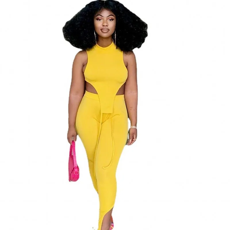 

African Pants Suits Women Set O Neck Tank Tops And Pants Fashion Solid Irregular Slim Street Style Sexy African Clothes Outfits