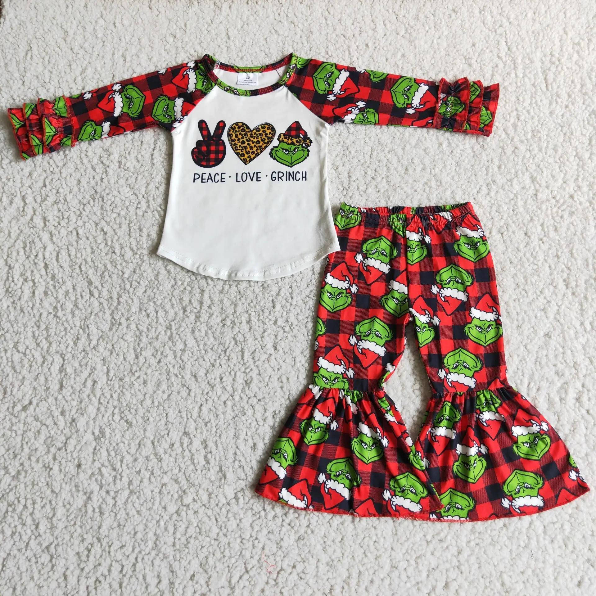

Autumn Winter Girl's Santa Hat And Love Print Patchwork Long Sleeve Pantsuit Kids Clothing