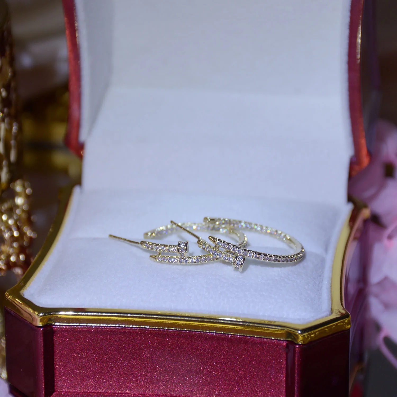 

Cute Gold Nail Stud Earrings for Women Fashion Jewelry with Bling Zircon Stone Korean Earrings 2021