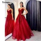 Блестящие красные тюлевые Длинные платья Verngo для выпускного вечера, кружевные вечерние платья на бретелях-спагетти с аппликацией и сердечком, вечерние платья со шлейфом 2021