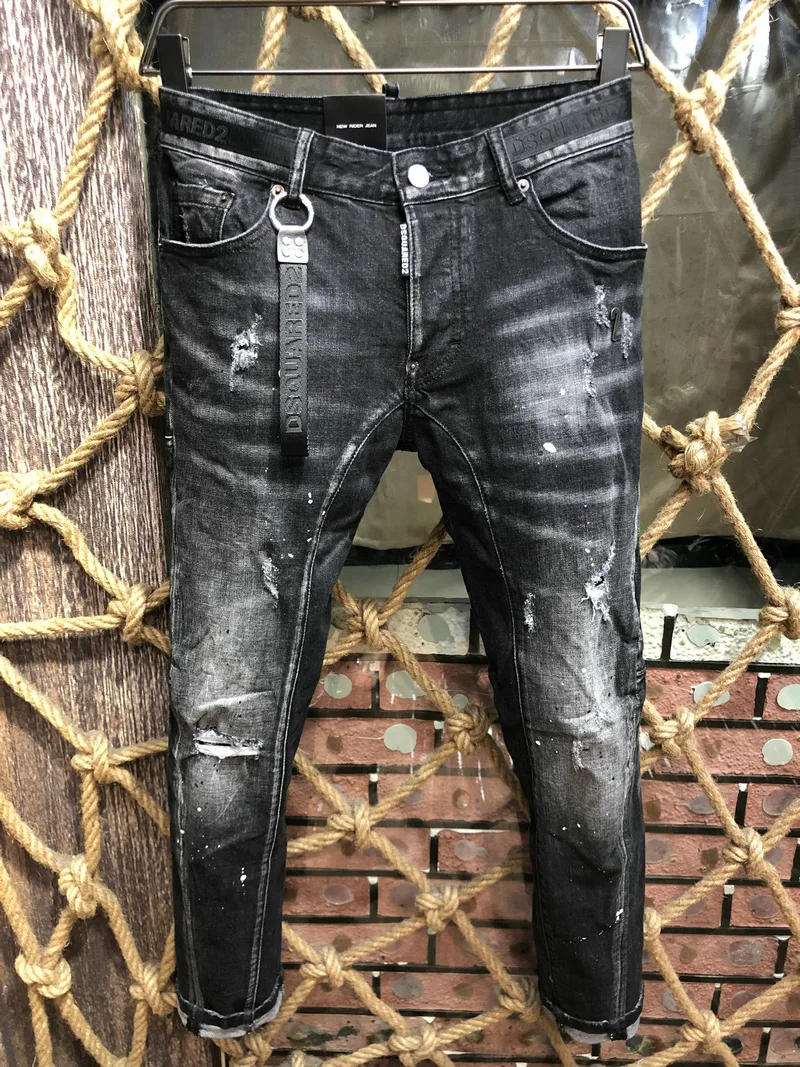 

New DSQUARED2 Men's/Women's Ripped Splicing Jeans, Fashion Washed Frayed Patch, Paint Made Old Stretch Pants