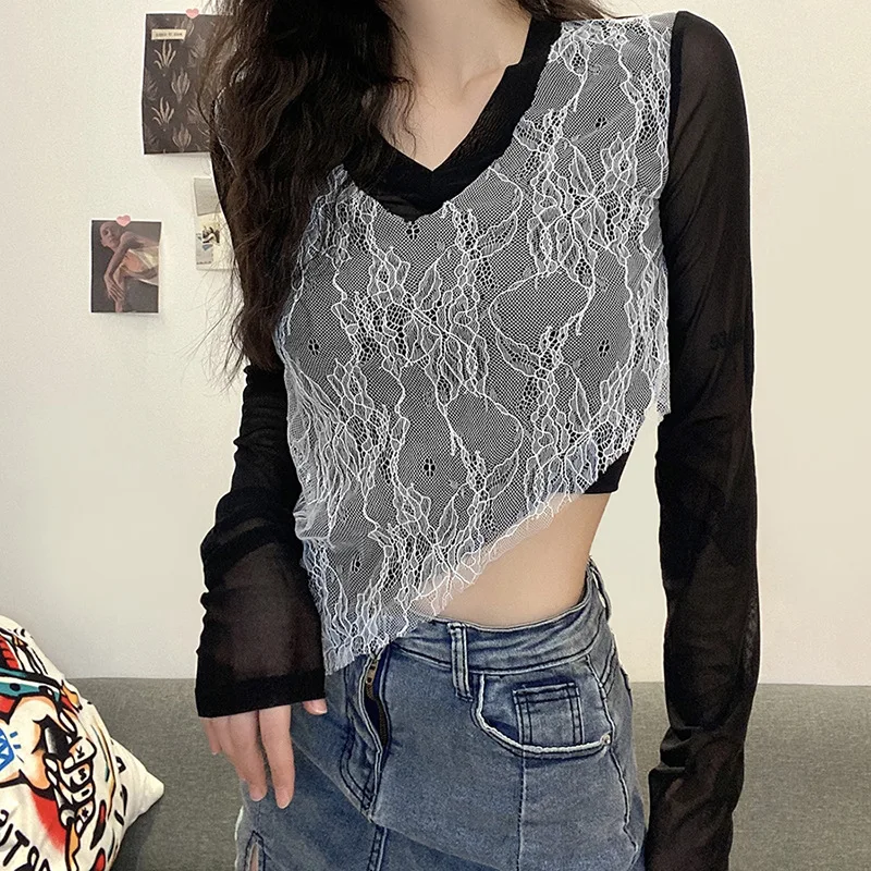 

Fall Female All-Match Party Club Streetwear Outfit 2021 Woman Sexy V Neck Mesh See Through Stretchy Long Sleeve Tshirts Crop Top