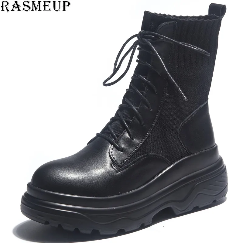 RASMEUP/кожаные женские эластичные носки ботинки на платформе коллекция 2019 года