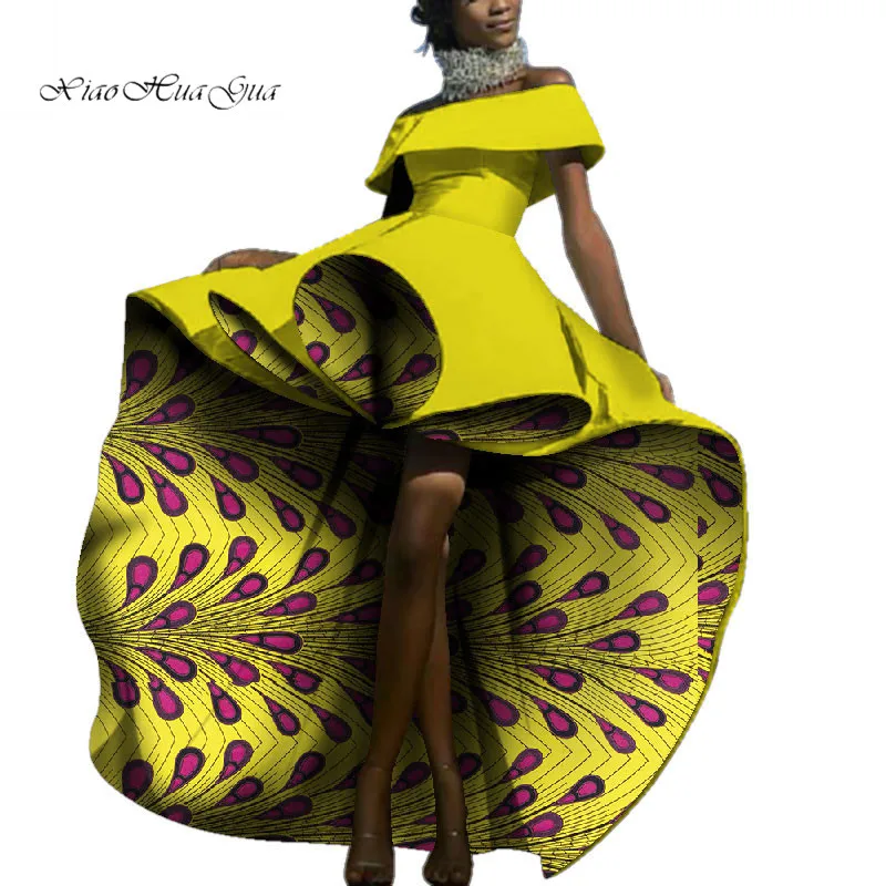 2020 New African Clothes Women Bazin Riche Party Sexy Dresses African Lady Fashion Printed Slash Neck Wedding Clothing WY4439