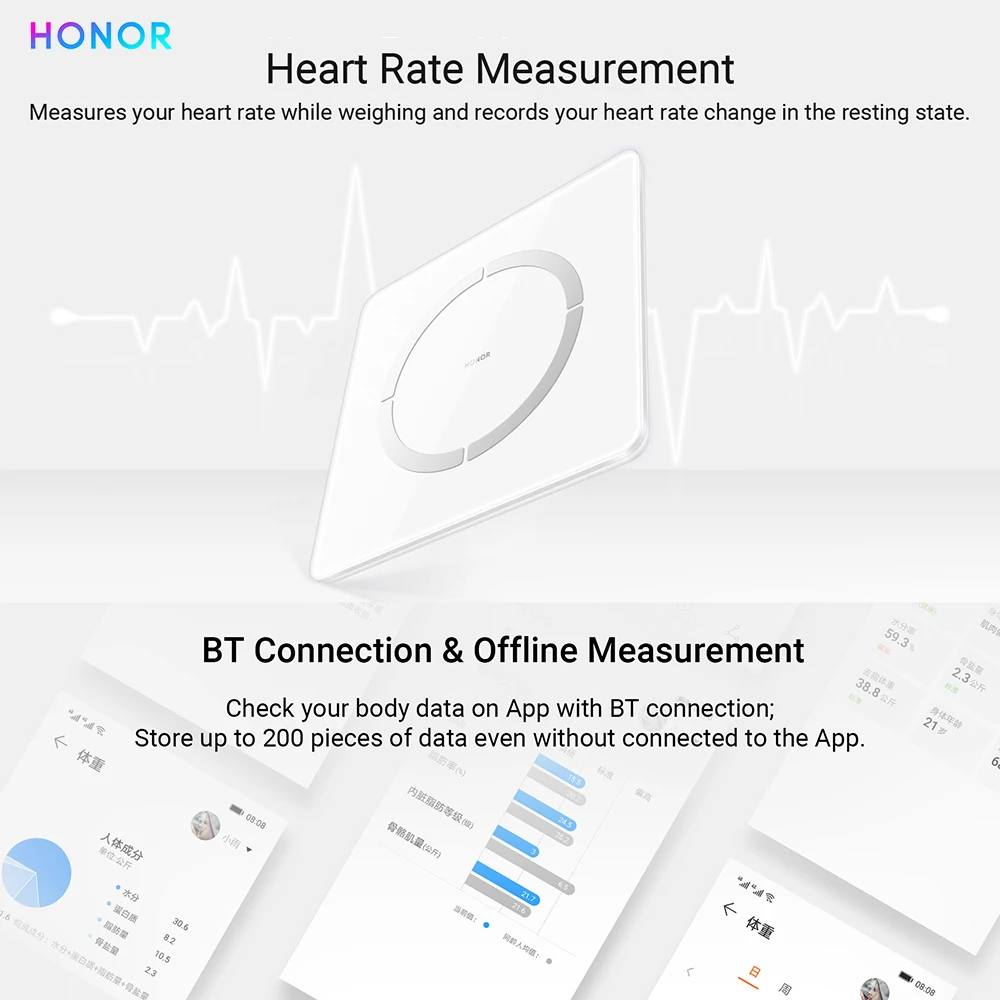 

HONOR Scale 2 DEXA Standard 14 Body Analyzer Monitor Body Fat Rate/Heart Rate Measurement Smart Weighing Scale for Android