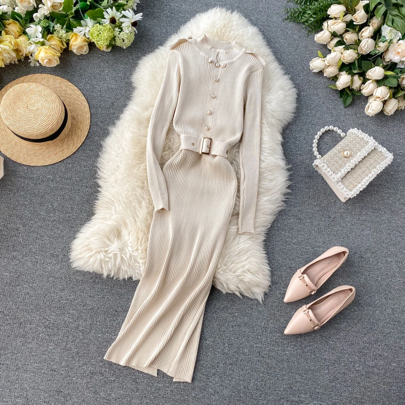 Женское трикотажное платье Amolapha элегантное однотонное с пуговицами и поясом