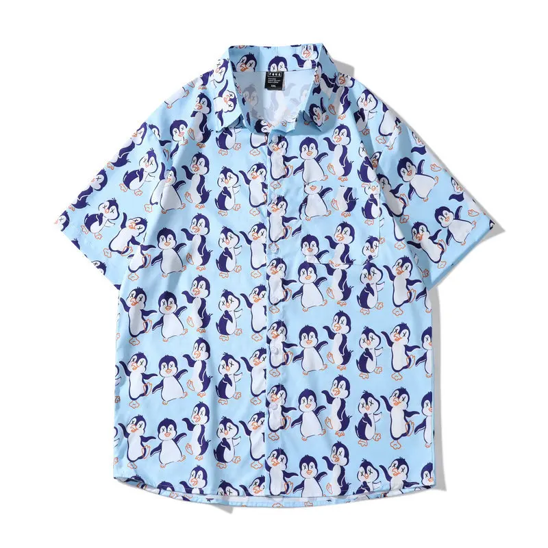 

Men's Shirts Men Hawaiian Camicias Casual One Button Shirts 2022 Summer Funny Penguin Printed Short-sleeve Blouses Tops
