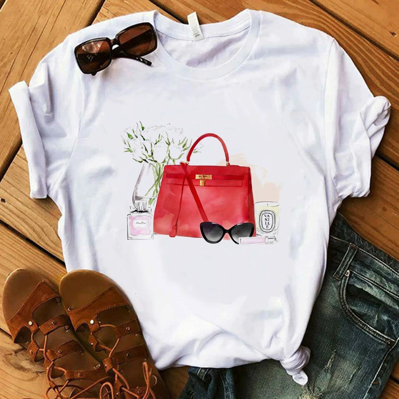 

Harajuku T Shirt Women Clothes Make Up Lipstick Seaside Graphic Tees Ulzzang Tops Tee Shirt Femme Camisas Mujer