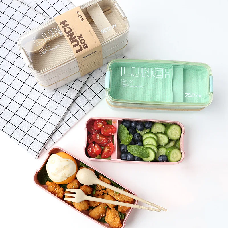 

2020 New Eco-Friendly Wheat Straw Material Microwavable Dinnerware Lunchbox 900ml 3 Layers Lunch Box Bento Food Container