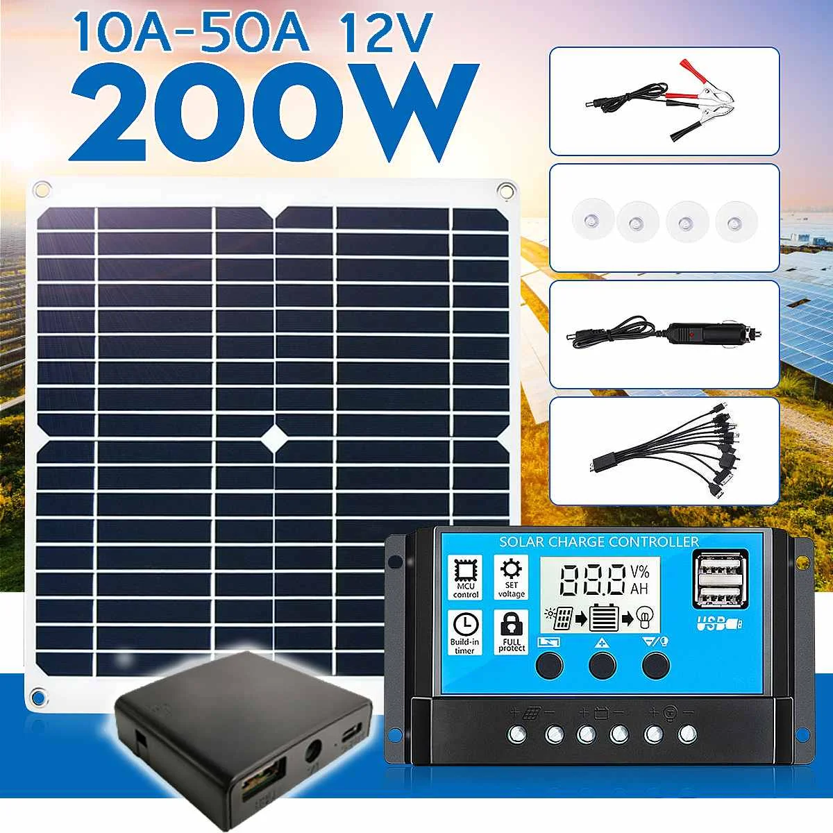 

200W Monocrystalline Solar Panel Dual 12V USB With 10-50A Controller Waterproof Solar Cells for Car Yacht RV Battery Charger