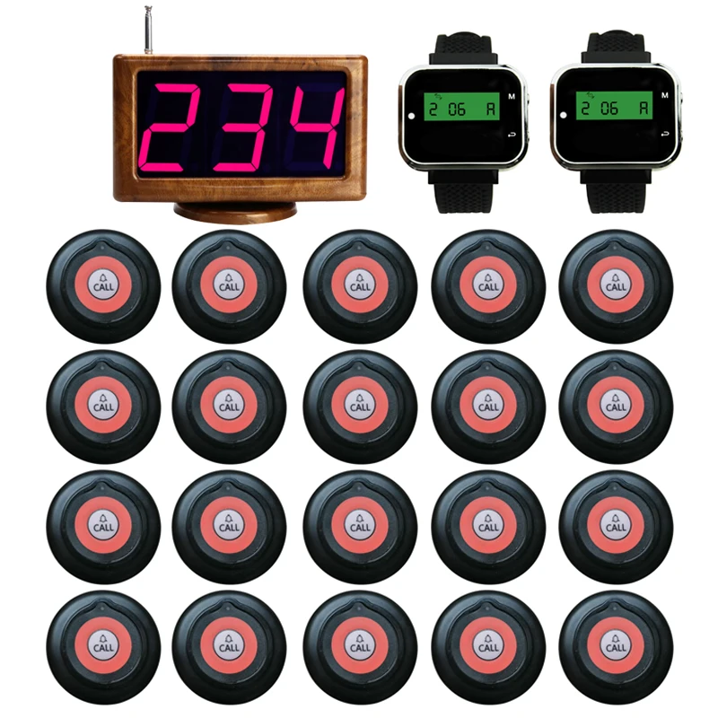 

Wireless Restaurant Equipments 20 Staff Call Button +2 Watches Pager+1 LED Host Screen Display Receiver For Full Table Service