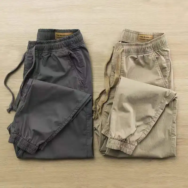 

Fall Cotton Pants Men's Korean-Style Breathable Washed Cropped Casual Pants Elastic Waist Ankle Banded Cargo Pants Male Trousers