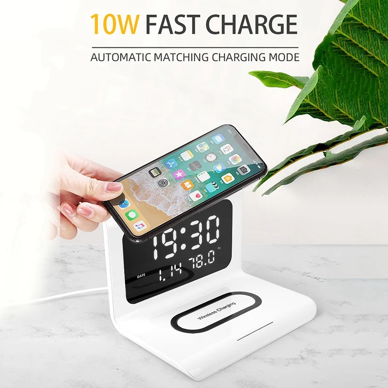 

10W LED Electric Alarm Clock Mirror with Phone Wireless Charger&Date