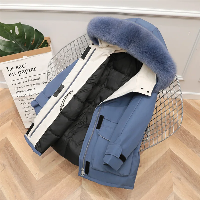 Зимний теплый толстый пуховик большой натуральный Лисий мех пальто с капюшоном