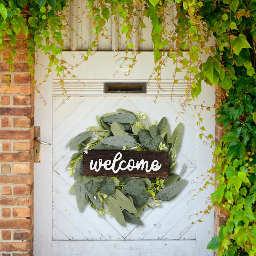 

Welcome Sign Wreath 13 Inch Round Rustic Artificial Wood Hanging Eucalyptus Farmhouse Porch Decoration Wedding Party Gift