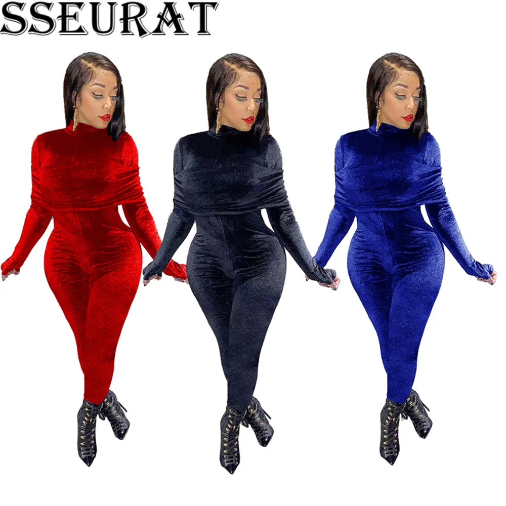 

SSEURAT Women Autumn Streetwear Velvet Ruched Bodycon Long Sleeve Jumpsuit