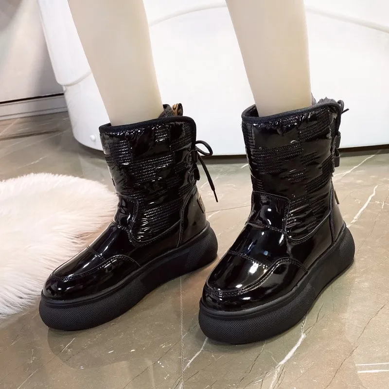 

New Casual Warm Flat Heel Mid-tube Thickened Round Toe Back Lace-up Snow Boots Women