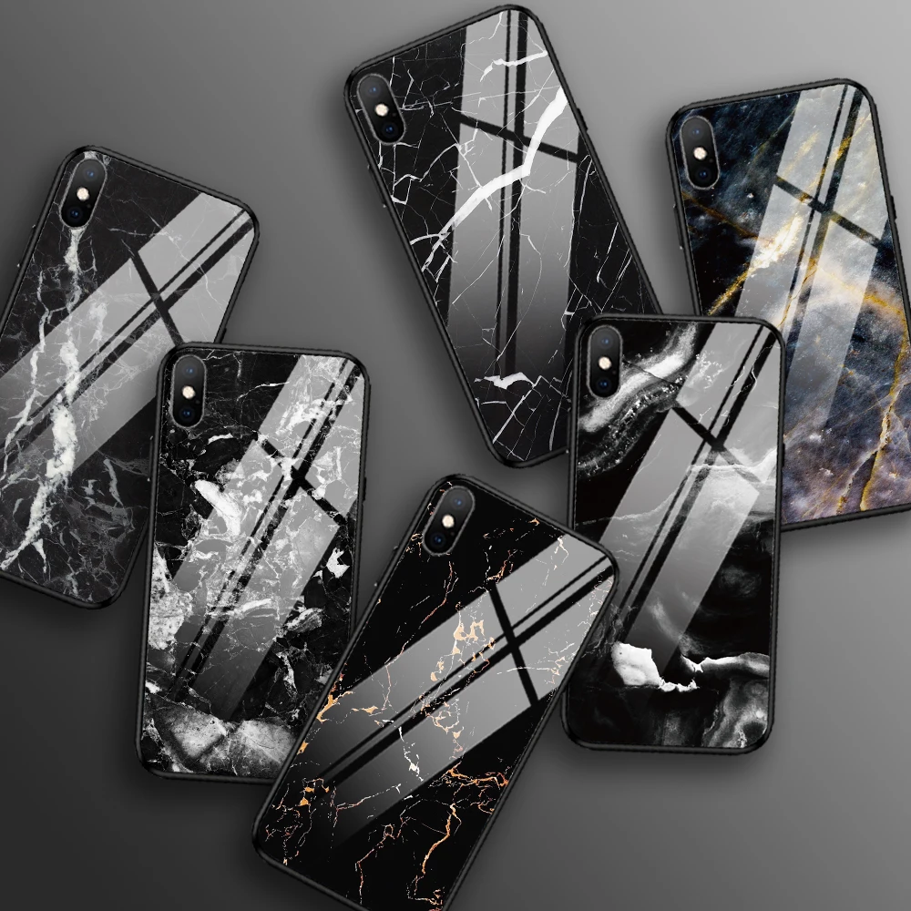Глянцевый черный мраморный чехол для iPhone XR 7 8 PLUS из закаленного стекла X XS MAX 6 6S 5 5S