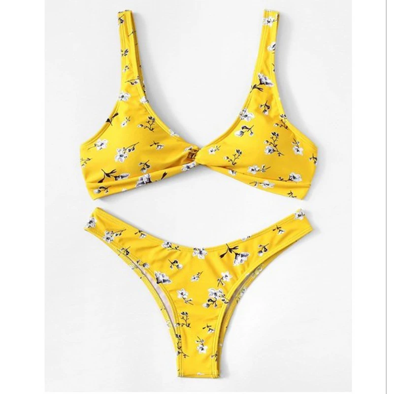 Желтый Цветочный укороченный топ с пуш-апом комплект бикини 2019 купальники для