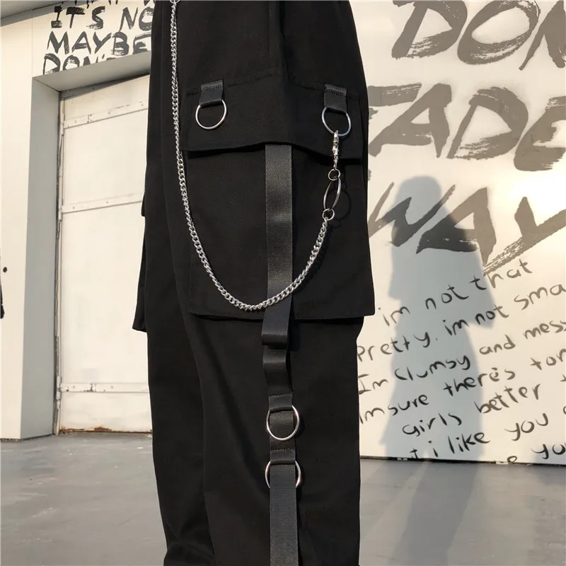 

New Unisex Women Men Cargo Pants Harajuku Chain Pockets Ankle Trousers High Waist Chain Hip-hop Safari Style Harem Pants