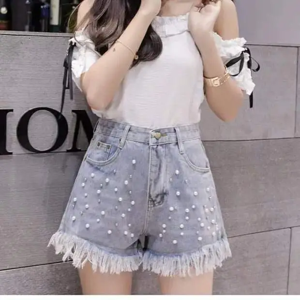 2021 Women Spring Summer New Elegant Denim Shorts Female Beading Wide Leg High-waist A-line Shorts Lady Casual Loose Shorts G396