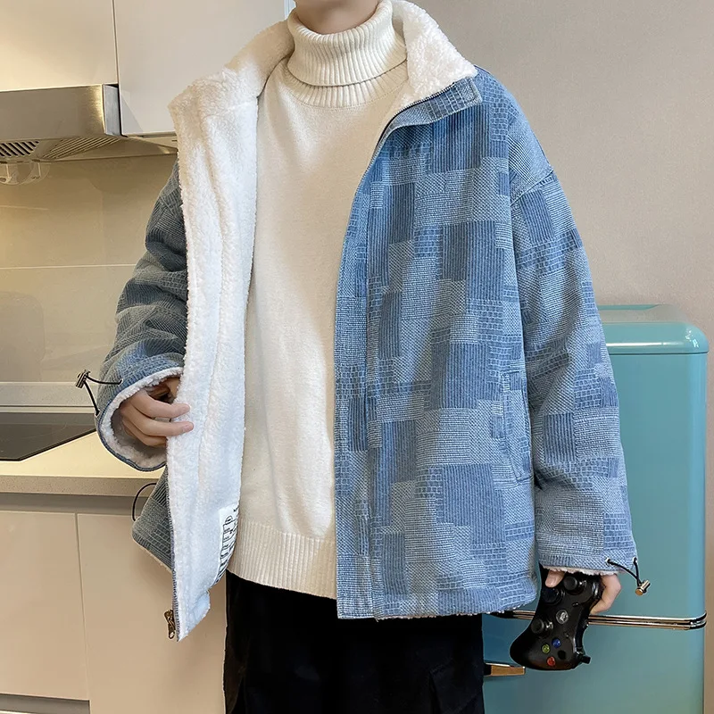 Denim Stitching Cotton Jacket Men's Retro Plus Velvet Thickening Imitation Lamb Wool Coat Tide Brand Ins Loose Winter Coat
