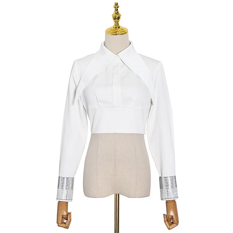 

French design season new fashion lapel single-breasted long sleeve short shirt top women's fashion