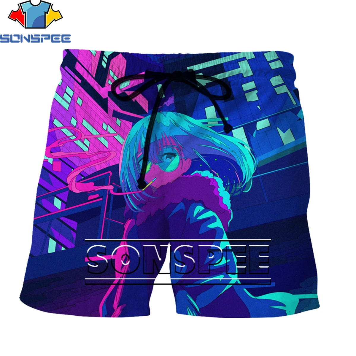 

SONSPEE Fun Cartoon Anime Electric Music Goddess Color Style 3D Printing Men's Shorts Summer Original Personality Otaku Casual