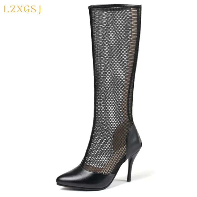 

Sexy Hollow Out Women Black Long Boots Air Mesh Back Zipper Pointed Toe High Heeled Boots Female 2021 New Women's Summer Shoes