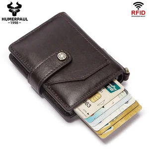 2021 credit card holder men rfid blocking aluminium box vintage cow leather pop up bank cardholder case chain portomonee wallet free global shipping