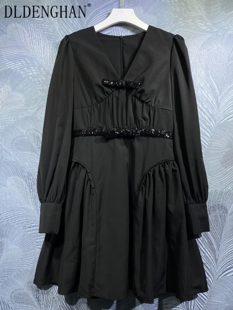 

Модное дизайнерское весеннее платье DLDENGHAN, женские черные мини-платья с V-образным вырезом, рукавами-фонариками, блестками и бантом