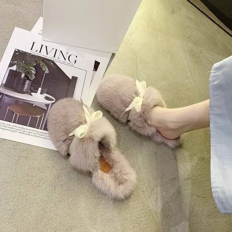 

Rabbit fur Slides For Women White Plush Slippers Winter With Bow Furry Slippers Women House Slippers Woman Fluffy Sliders Shoes